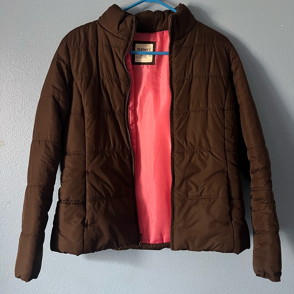 Old Navy Women's Chocolate Brown Puffer Jacket with Pink Lining
